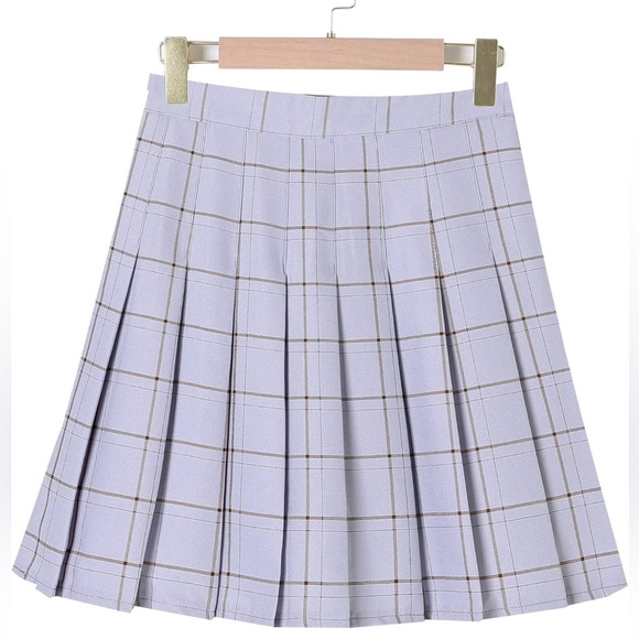 High Waisted A-line Pleated Skater Tennis Skirt Blue Gray Brown Stripe - Picture 2 of 10
